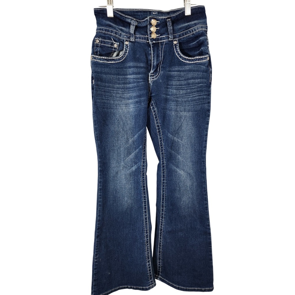 SKY Premium Jeans Womens Flare Denim‎ Rhinestone Embroidered Wing Pocket 7/8
